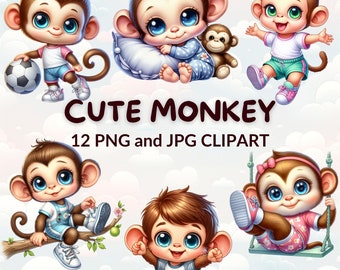Watercolor Monkey Clipart Bundle, Jungle Animals (PNG, JPG)