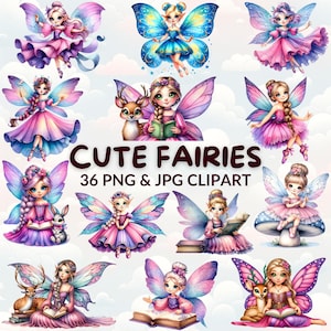 36 Watercolor Cute Fairies Clipart Bundle, Fairy PNG & JPG, Fantasy Clipart, Magical Fairy, Enchanted Forest, Nursery Decor