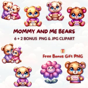 Mother’s Day Clipart Bundle, Mommy and Me Teddy Bears, 6 Watercolor Cartoon PNG JPG, Nursery Decor, Baby Shower, Sublimation Art
