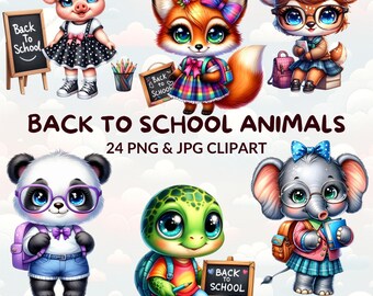Watercolor Back to School Animals Clipart, PNG (Digital Download