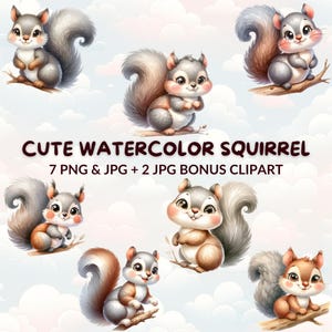 Watercolor Cute Squirrel Clipart Bundle, 7 Squirrel PNG & JPG, Digital Download, Forest Animals, Nursery Decor, Wall Art Decor