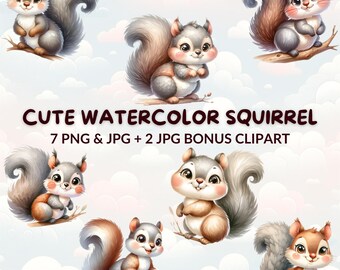 Watercolor Squirrel Clipart Bundle: Forest Animals, Nursery Decor (Digital Download)