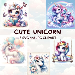 Watercolor Cute Unicorn Clipart Bundle, 5 Unicorn SVG & JPG, Rainbow Fantasy, Digital Download, Nursery Decor, Birthday Party Invitation