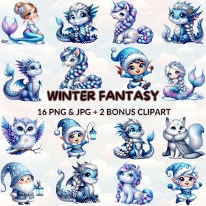 Winter Fantasy Clipart Bundle, 16 PNG & JPG with 2 Bonus, Magical Winter Wonderland Creatures and Festive Characters
