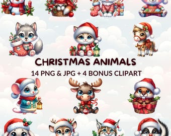 Watercolor Christmas Animals Clipart: Cartoon PNG & JPG (Digital Download)