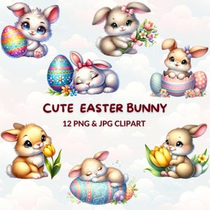 Easter Bunny Clipart, 12 Watercolor Rabbit PNG & JPG, Spring Animals, Cute Bunnies with Flowers and Eggs, Digital Art for Sublimation