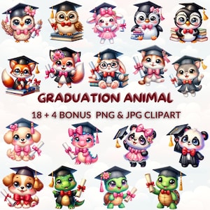 Graduation Animal Clipart Bundle, 18 Watercolor Cartoon PNG JPG, Cute Graduate Animals, Kindergarten, Preschool, Sublimation, Nursery Decor