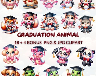 Watercolor Graduation Animal Clipart Bundle, Nursery Decor (PNG JPG)