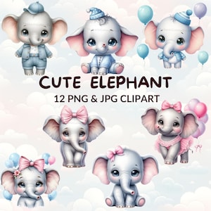14 Watercolor Elephant Clipart Bundle, Pink & Blue Elephant PNG, JPG Files, Safari Nursery Decor, Jungle Birthday Party