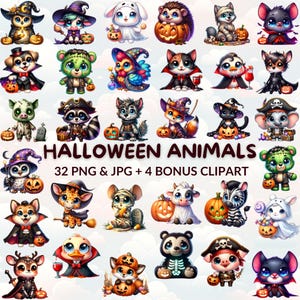 36 Watercolor Cartoon Halloween Animals Clipart Bundle, Cute Halloween Animal PNG & JPG, Nursery Decor, Trick or Treat, Digital Download
