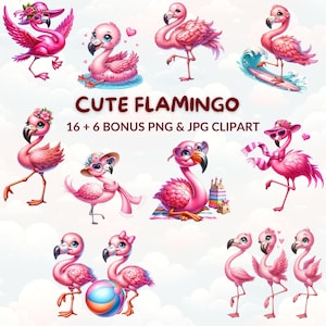 Cute Flamingo Clipart Bundle, 16 Watercolor PNG & JPG, Tropical Bird, Exotic Summer Animal, Nursery Decor, Birthday Party, Instant Download