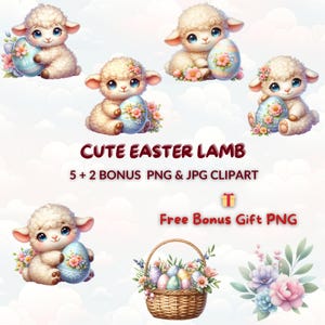 Cute Easter Lamb Clipart, 5 Watercolor Cartoon Sheep with Eggs PNG & JPG, Spring Nursery Decor, Baby Shower, Sublimation Graphics