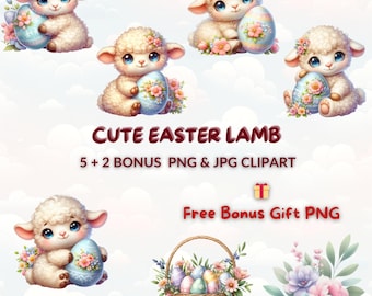Watercolor Easter Lamb Clipart: Cartoon Sheep with Eggs (PNG & JPG)