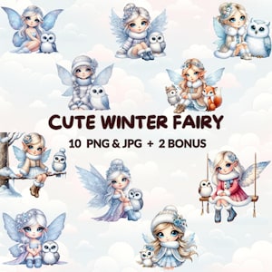 Cute Winter Fairy Clipart Bundle, 10 PNG & JPG + 2 Bonus, Watercolor Cartoon Fairy Images for Crafts, Scrapbooking and Invitations