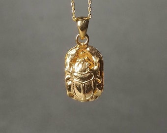 Gold Scarab Necklace, Khepri Pendant, Sterling Silver Egyptian Beetle Jewelry