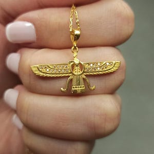 Gold Faravahar Necklace: Sterling Silver Ahura Mazda Pendant with Zircons