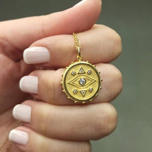 Gold evil eye necklace, eye medallion necklace with zircons, sterling silver eye talisman with sun rays, gift for her, unisex eye jewelry