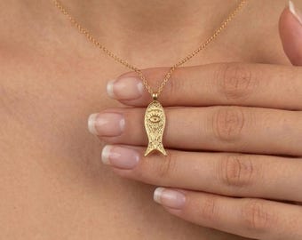 Collar con pez dorado y ojo turco, delicado amuleto de protección, joyería minimalista, regalo talismán de la suerte