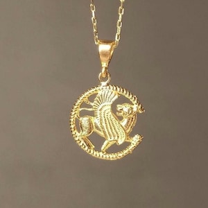 Gold Winged Lion Necklace: Sterling Silver Griffin Pendant