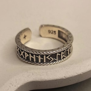 Engraved Nordic Runes Sterling Silver Ring - Adjustable Viking Band