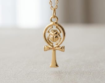Gold Scarab Ankh Necklace, Sterling Silver Key of Life Pendant, Egyptian Amulet
