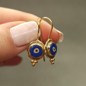 Dainty Evil Eye Earrings, 14K Gold Filled Sterling Silver Dangle Hook Earrings, Handmade Protection Jewelry, Lucky Charm, Gift for Her