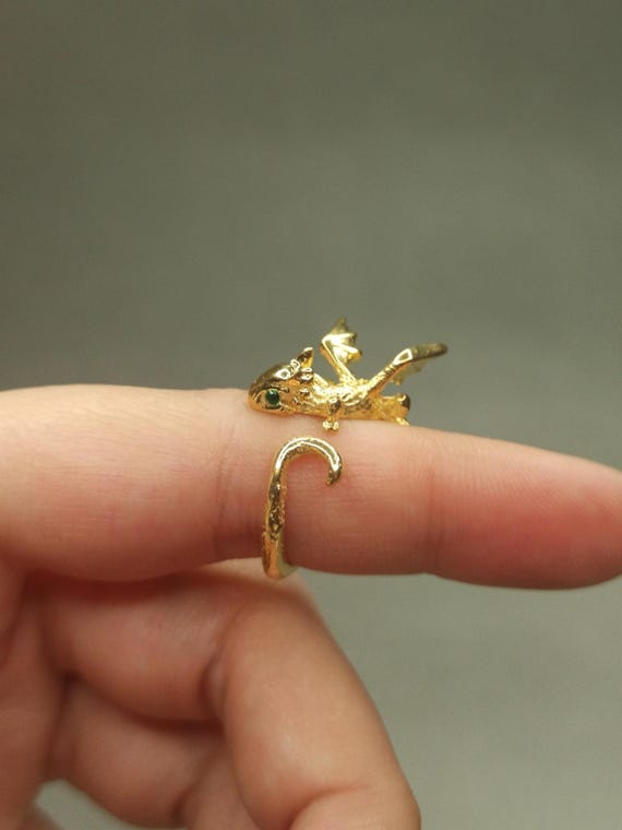 Gold Toothless Dragon Wrap Ring: Adjustable Sterling Silver