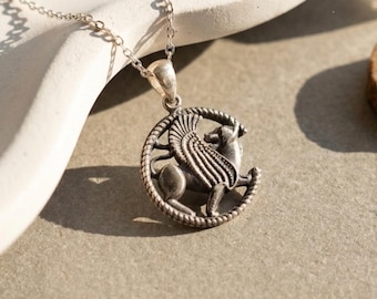 Silver Winged Lion Necklace, Griffin Pendant, Mythological Jewelry, Protection Amulet