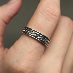 Silver cuban link band ring for men & women, engraved groumette chain silver band ring, minimalist sterling silver adjustable ring