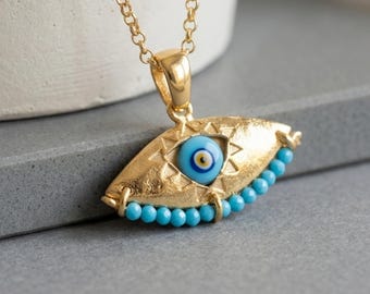 Evil Eye Necklace, Turkish Nazar Pendant, Gold Filled Silver Protection Jewelry, Blue Beads Amulet