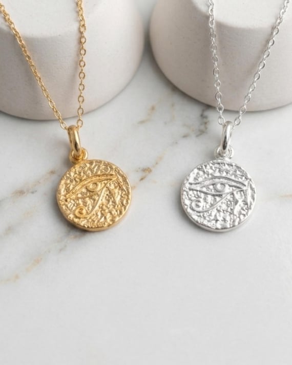 14K Gold Mini Eye of Horus Pendant Necklace, Sterling Silver Egyptian Amulet, Ra Protection Jewelry