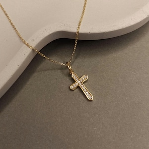 Zircon Tiny Cross Necklace, Mini Silver Religious Gift, Dainty Gold Pendant