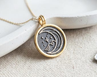 Gold Filled Mond Berghalskette, himmlischer Sterling Silber Anhänger, minimaler Talisman Schmuck