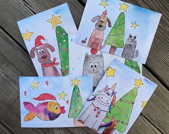 5 Greeting Cards Bundled / Christmas / Cat / Dog / Unicorn / Fish / Gift