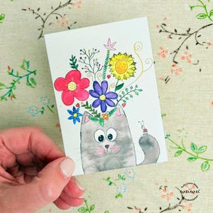 Mini carte chat avec fleurs aquarelle carte d'anniversaire avec enveloppe cadeau de félicitations