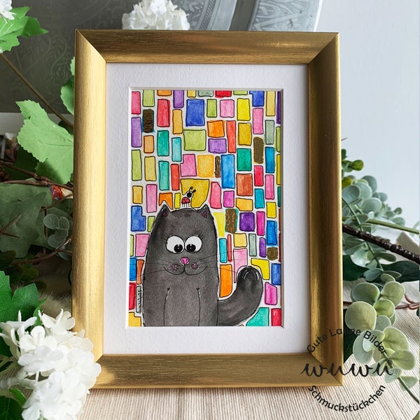 Katze Aquarell Original Hundertwasser Inspiration Kunst