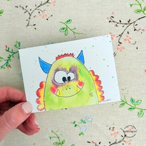 Mini carte d'anniversaire aquarelle monstre dragon avec enveloppe cadeau de félicitations