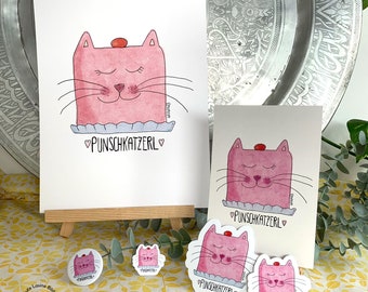 Geschenkset Katze Punschkatzerl Artprint Grusskarte Sticker Anstecker Mehlspeise Wien