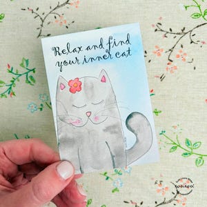 Mini carte chat relaxation aquarelle carte d'anniversaire avec enveloppe cadeau de félicitations