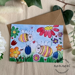 Tarjeta de felicitación de abejas, tarjeta de cumpleaños de acuarela con sobre, felicitaciones