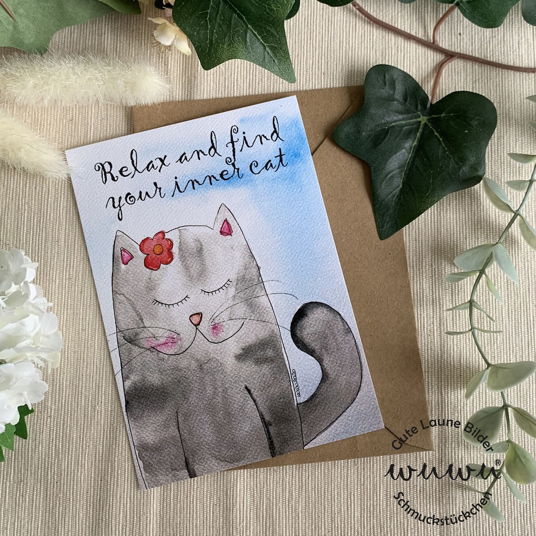 Cat Greeting Card Watercolor Birthday Card With Envelope ...