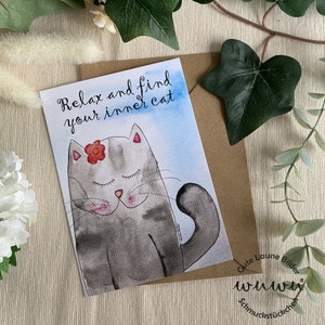 Carte de voeux chat carte anniversaire aquarelle avec enveloppe félicitations détente