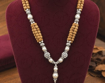 4 Line Tulsi Mala with White Pearls | Handmade Tulsi Necklace | Holy Basil Prayer Mala | Krishna Vishnu Jewelry | Hindu Gift