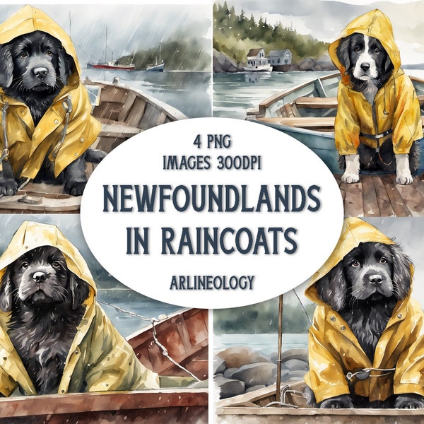 Newfoundlands in Raincoats - Newfie Puppies on Boats Decked Out in Full Raingear - PNG Digital Files