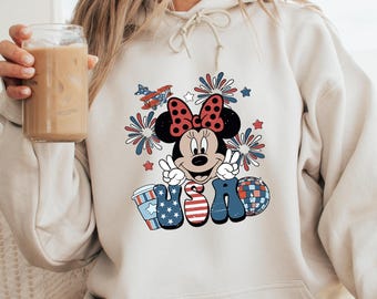 Minnie Mouse USA 4th of July Hoodie – Red White Blue Patriotic Fireworks Sweatshirt – Cute Independence Day Disney Top for Women