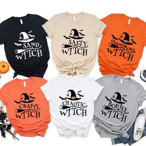 May include: A collection of six short-sleeved t-shirts in various colors, each featuring a witch hat and the word "Witch" with a descriptive adjective. The shirts are black, tan, orange, white, and gray, perfect for Halloween.