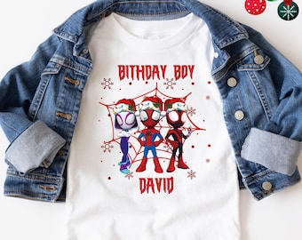 Custom Christmas Spidey Kids Birthday Shirt, Personalized Spidey Birthday Matching Shirts, Ghost Spider and her Amazing Friends