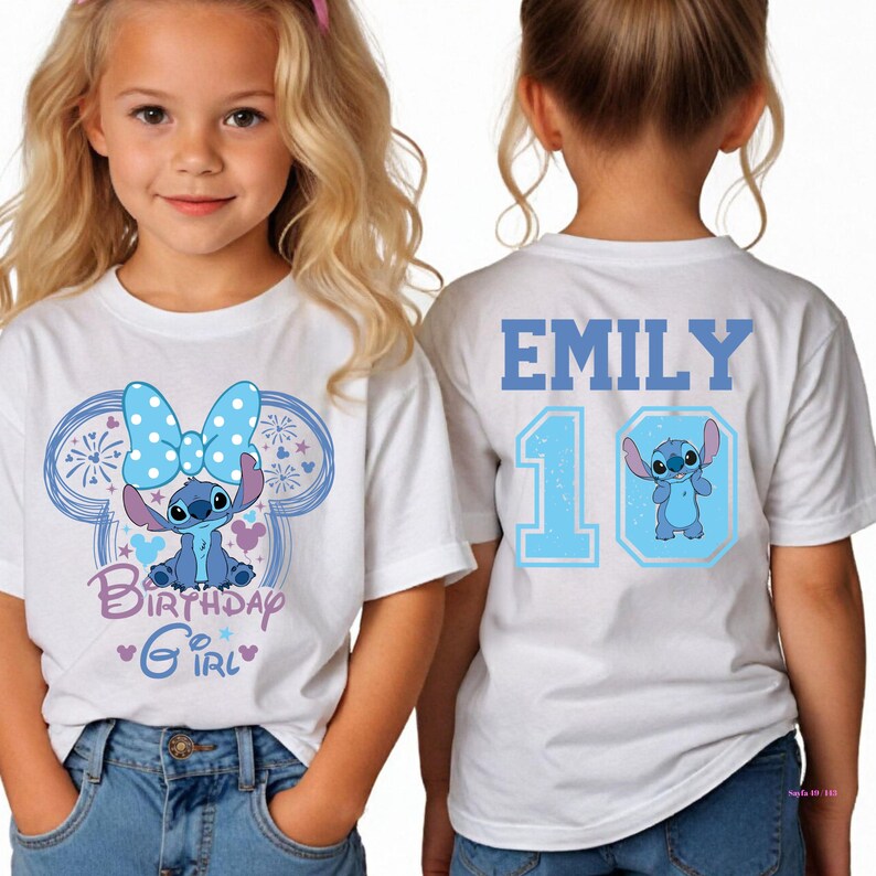 May include: White t-shirts featuring a cartoon character, Stitch, with a blue bow and the text "Birthday Girl." The back of the shirt has the name "Emily" and the number "10" with a Stitch graphic.