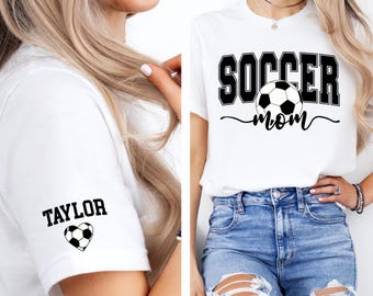 Camiseta personalizada con el nombre de los hijos de mamá futbolista en la manga, suéter de fútbol para mamá, camisetas deportivas personalizadas para mamás, camiseta para el día del partido, regalo del Día de la Madre,