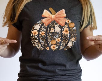 Personalized Floral Pumpkin  Halloween Shirt, Fall Thanksgiving T-Shirt, Boys Kids Tee Family Matching